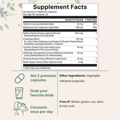 Saffron Supplement Advanced Formula | Boosts Mood | Help Relieve Anxiety | Enhances Calmness & Clarity | Antioxidant Blend